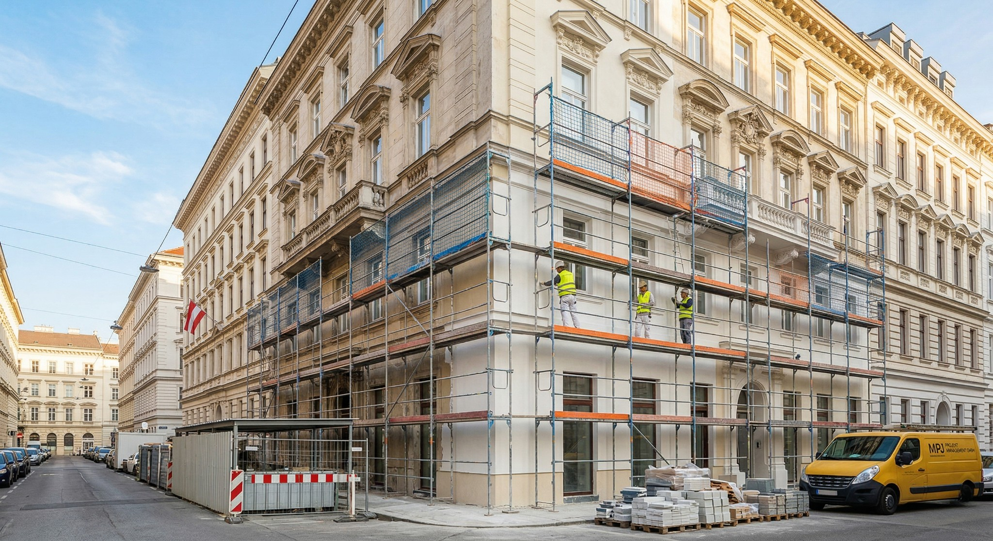 Altbau-Fassade während einer Sanierung in Wien